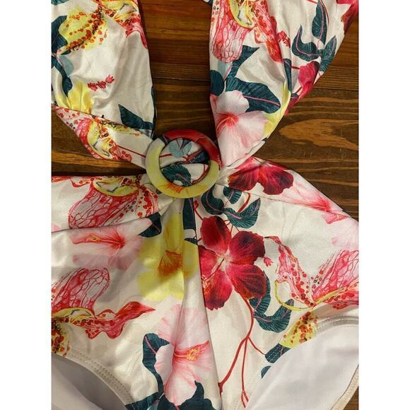 NWOT Ruffled Monokini Plunge Floral Swimsuit with Kimono Skirt, size S - Picture 4 of 11